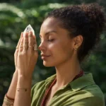 Black woman holding a crystal in her two hands at the level of her third eye chakra.