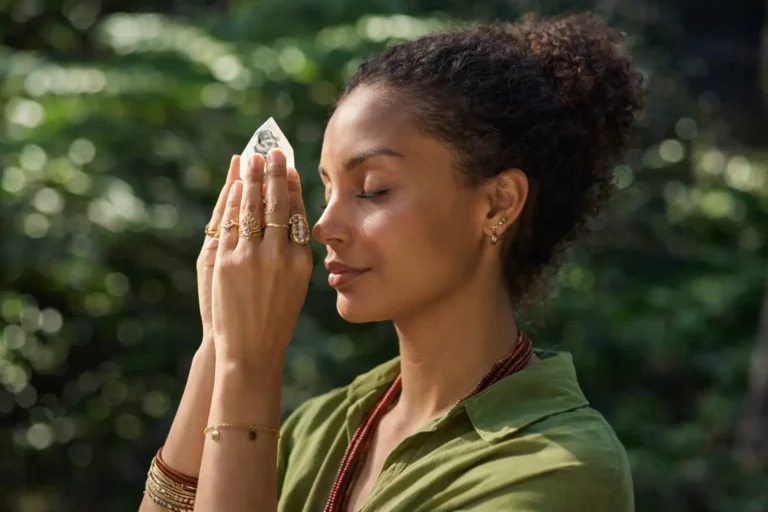 Black woman holding a crystal in her two hands at the level of her third eye chakra.