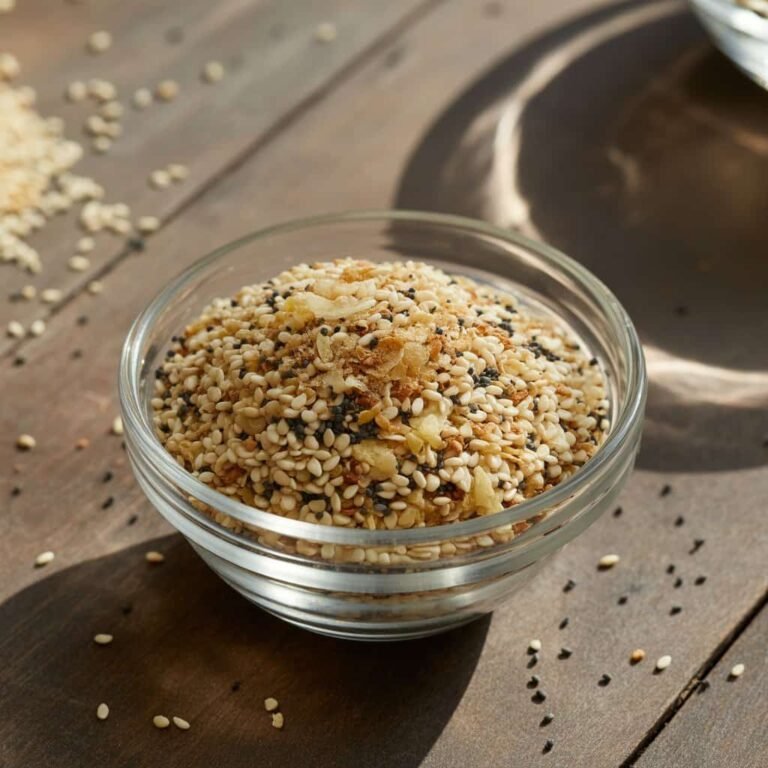 Glass bowl containing Everything Bagle Seasoning Mix on a wooden surface.
