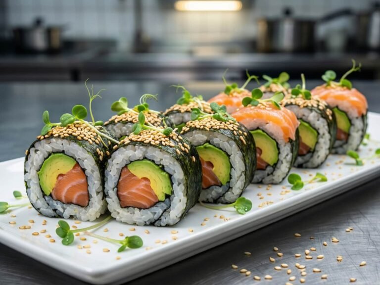 Slate plate with 10 sushi salmon and avocado roll pieces, topped with sesame seeds and micro greens.
